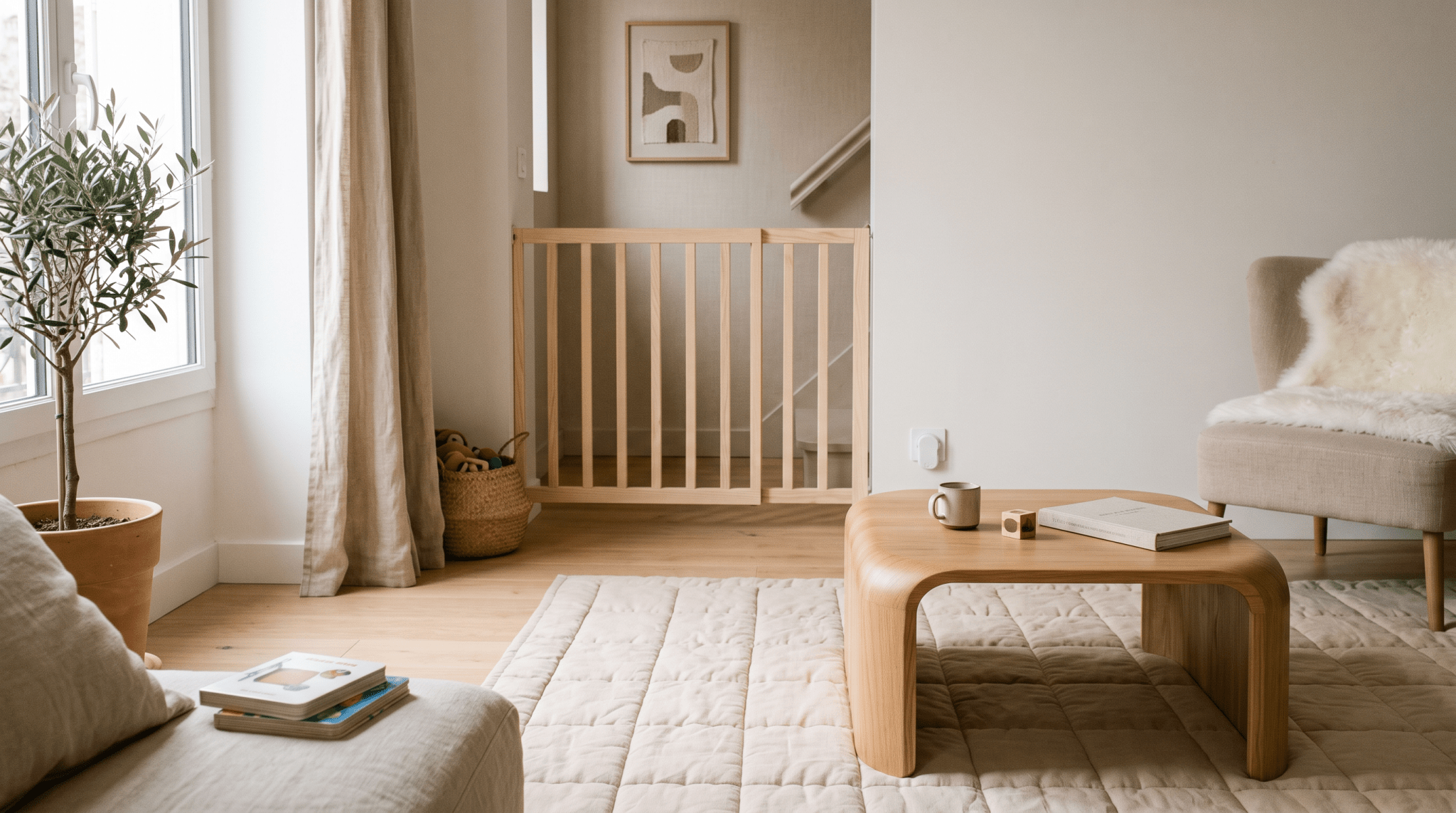 Coin de salon sécurisé avec tapis de sol épais et barrière en bois clair, illustration Treelys® sur les accidents de la vie courante