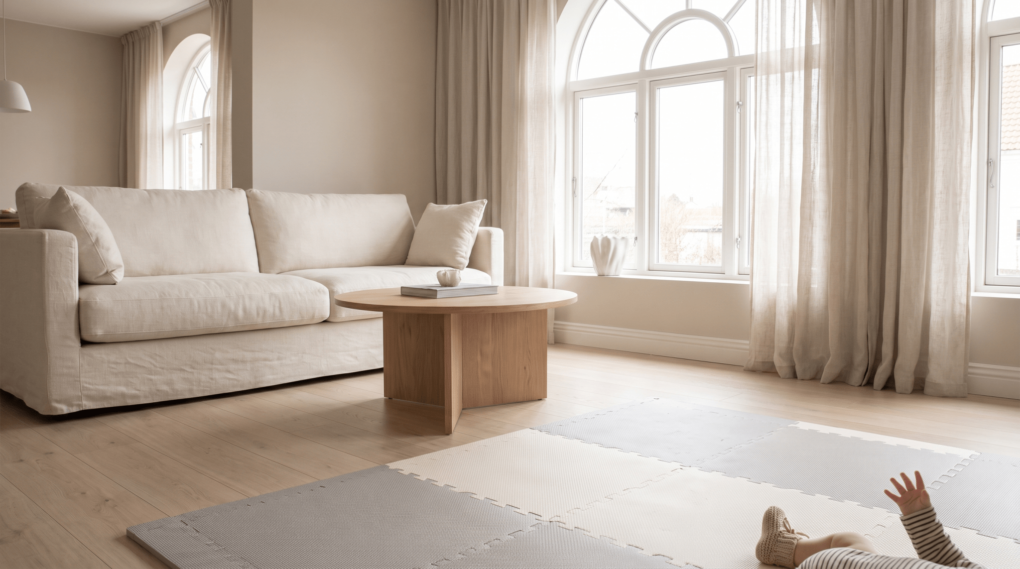 Espace de motricité libre au sol pour bébé, ambiance scandinave épurée - Treelys®