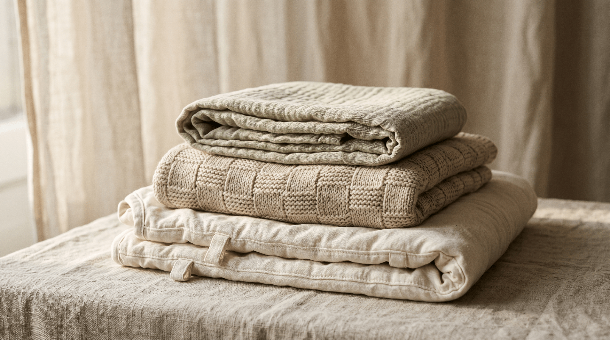 Textiles de bébé pliés en lumière rasante, illustration de l'adaptation à la crèche — Treelys®