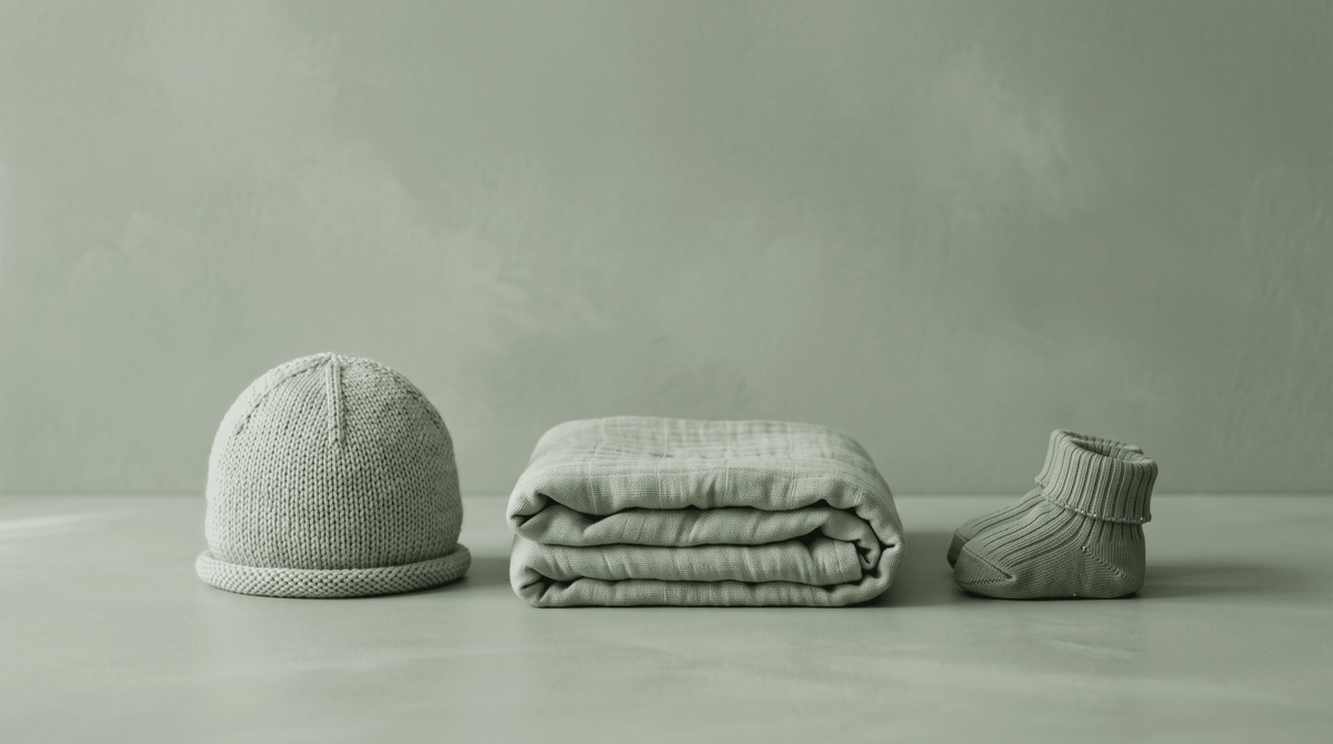 Bonnet et lange en camaieu vert sauge, âge corrigé du bébé prématuré, Treelys®