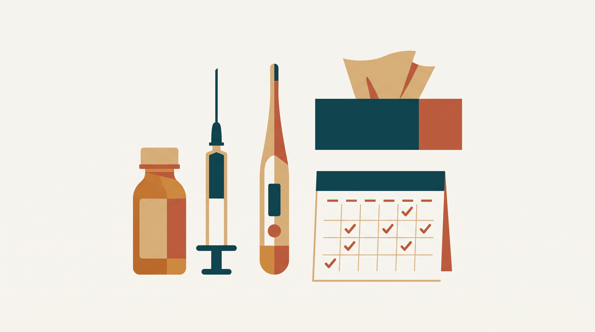 Fläschchen mit Trinksuspension, Dosierspritze, Thermometer und Kalender als Vektorgrafik: Antibiotika beim Baby, Treelys®