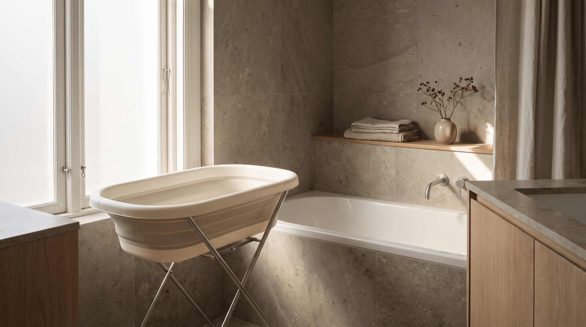 Baignoire pliable bébé posée près d'une grande baignoire, transition vers le bain adulte - Treelys®