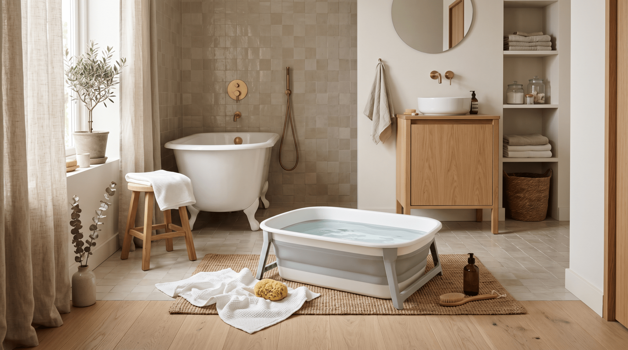 Baignoire pliable pour bébé dans une salle de bain épurée, moment d'éveil sensoriel - Treelys®