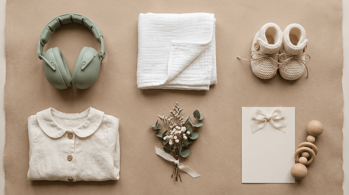 Flat lay d'un casque antibruit enfant, de chaussons et d'un lange sur papier beige, bébé au mariage – Treelys®