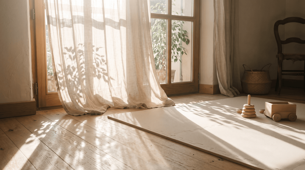 Ombres de rideau sur un tapis d'éveil, à l'âge où bébé comprend le non — Treelys®