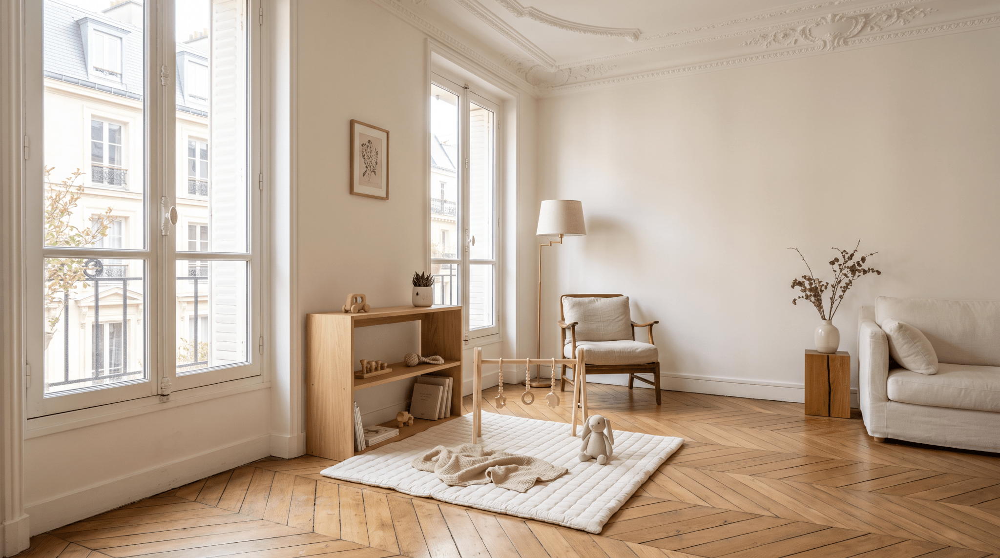 Petit salon parisien avec moulures et coin bébé compact au sol, illustration Treelys® sur l'aménagement d'un appartement avec un bébé