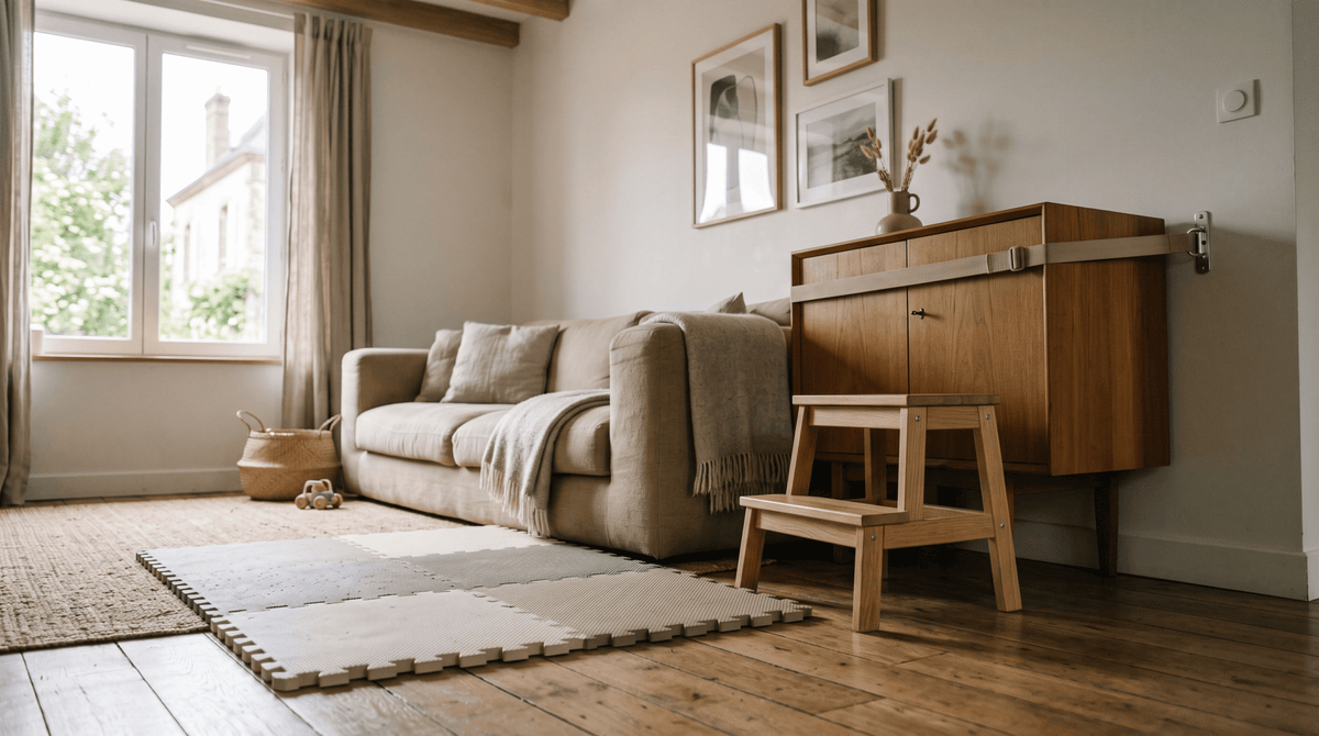 Coin de salon avec meuble fixé au mur et tapis au sol — bébé grimpe partout, Treelys®