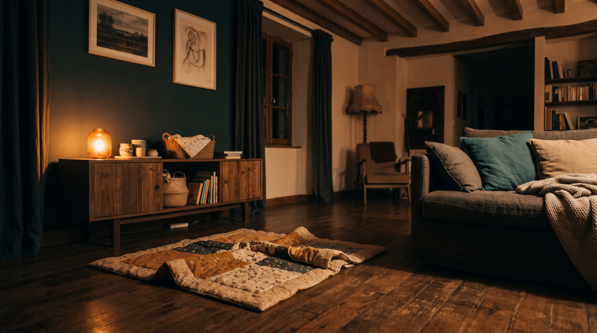 Séjour le soir avec un tapis d'éveil au sol dégagé — bébé marche à quel âge, Treelys®
