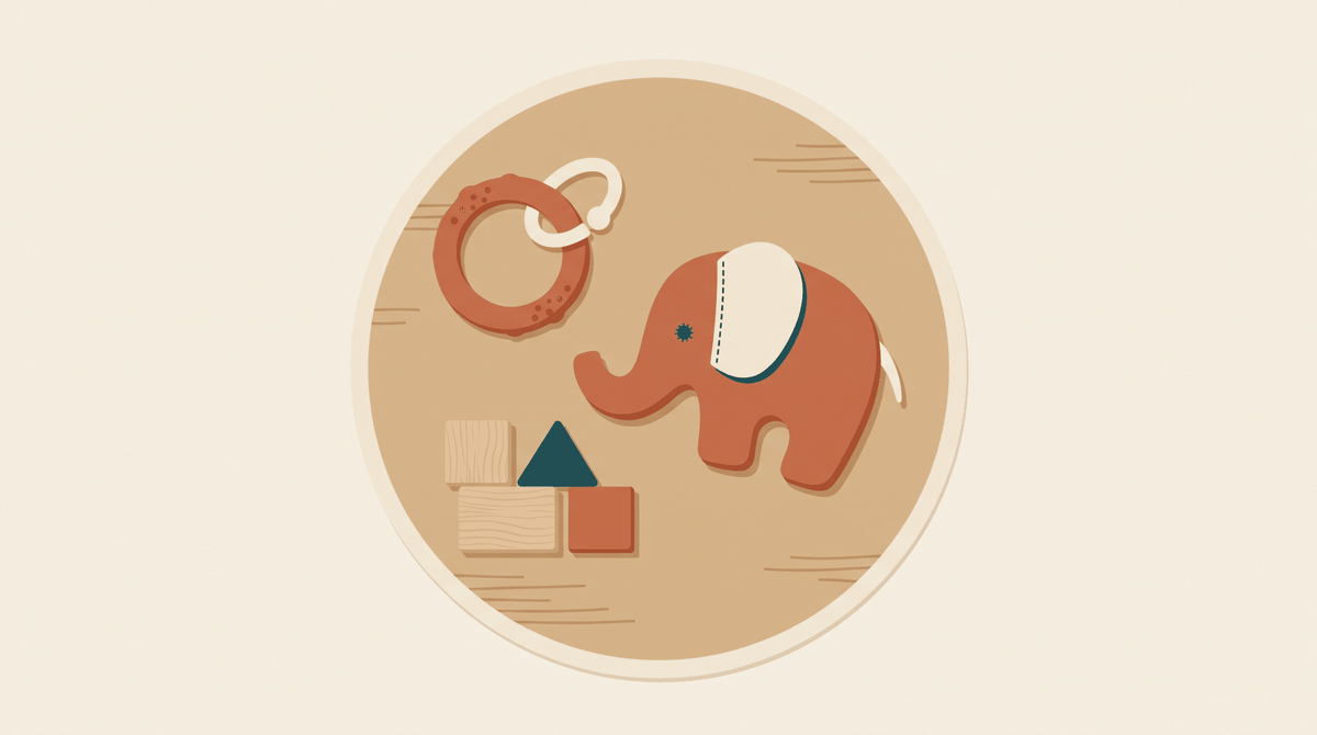 Baby beißt: Beißring und Holzwürfel als flache Illustration, Treelys®-Visual