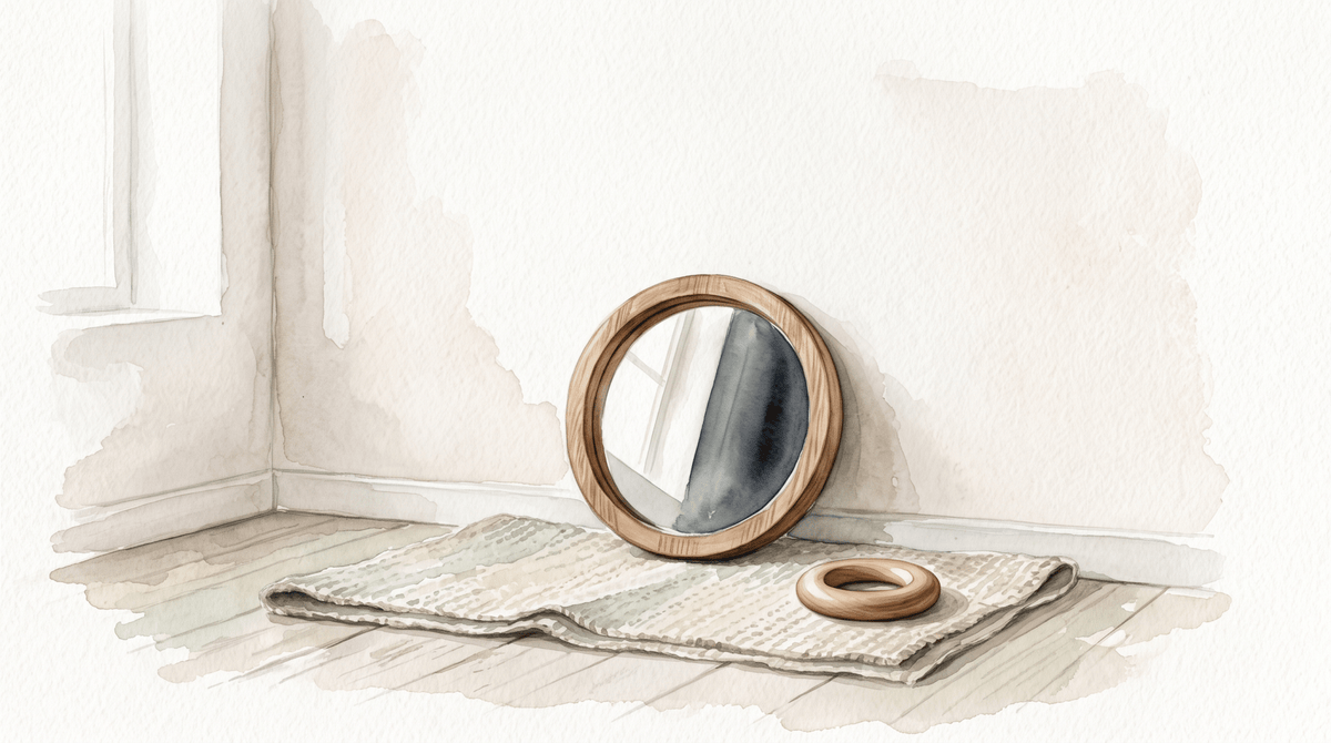 Bébé se reconnaît dans le miroir : miroir bas posé au sol, illustration aquarelle — Treelys®