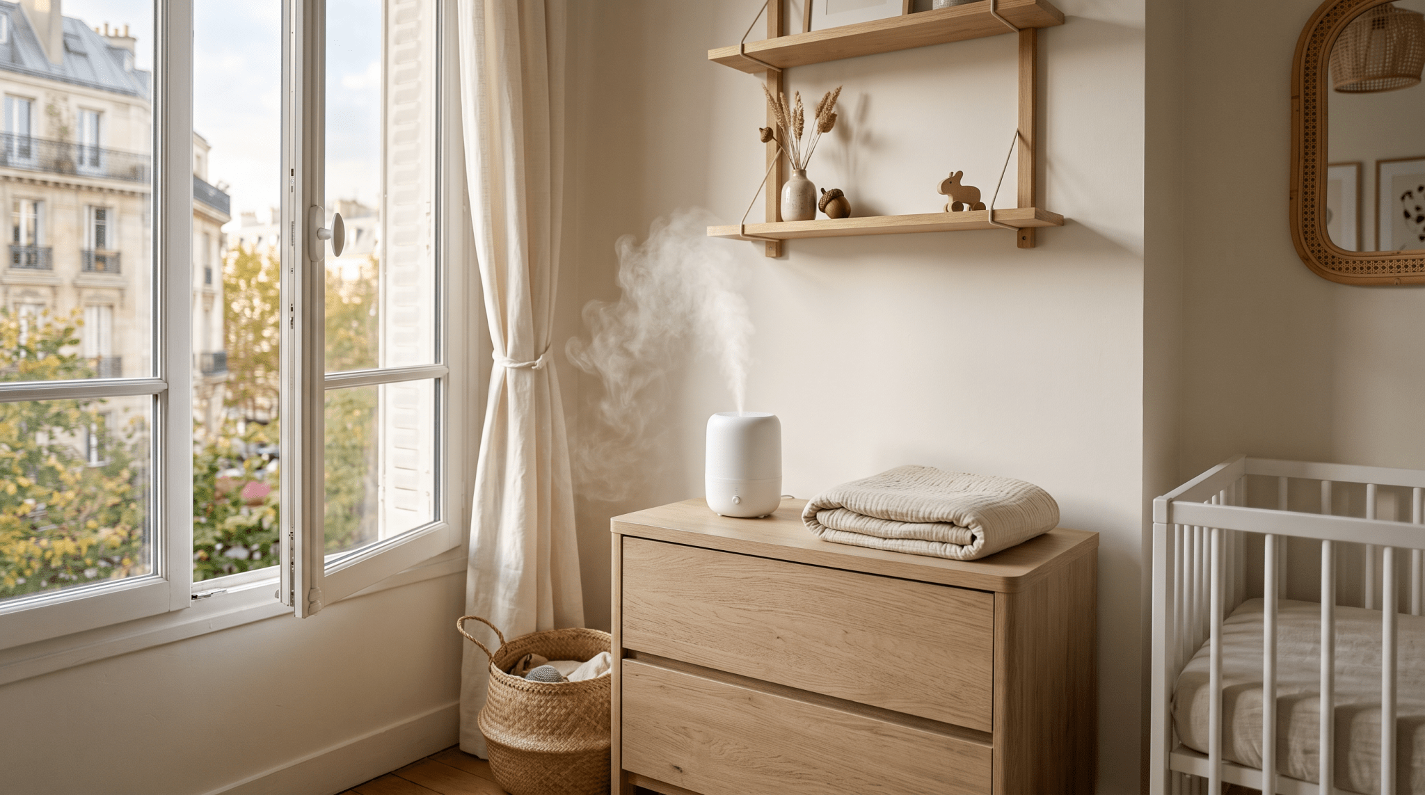 Chambre de bébé aérée avec humidificateur et rideau de lin, illustration Treelys® sur la prévention de la bronchiolite