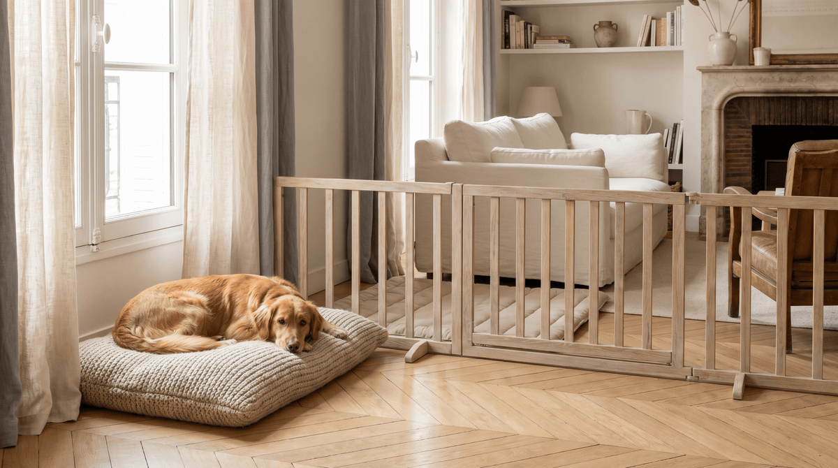 Hund und Baby: Hund liegt ruhig neben einem geschützten Spielbereich, Fotografie Treelys®