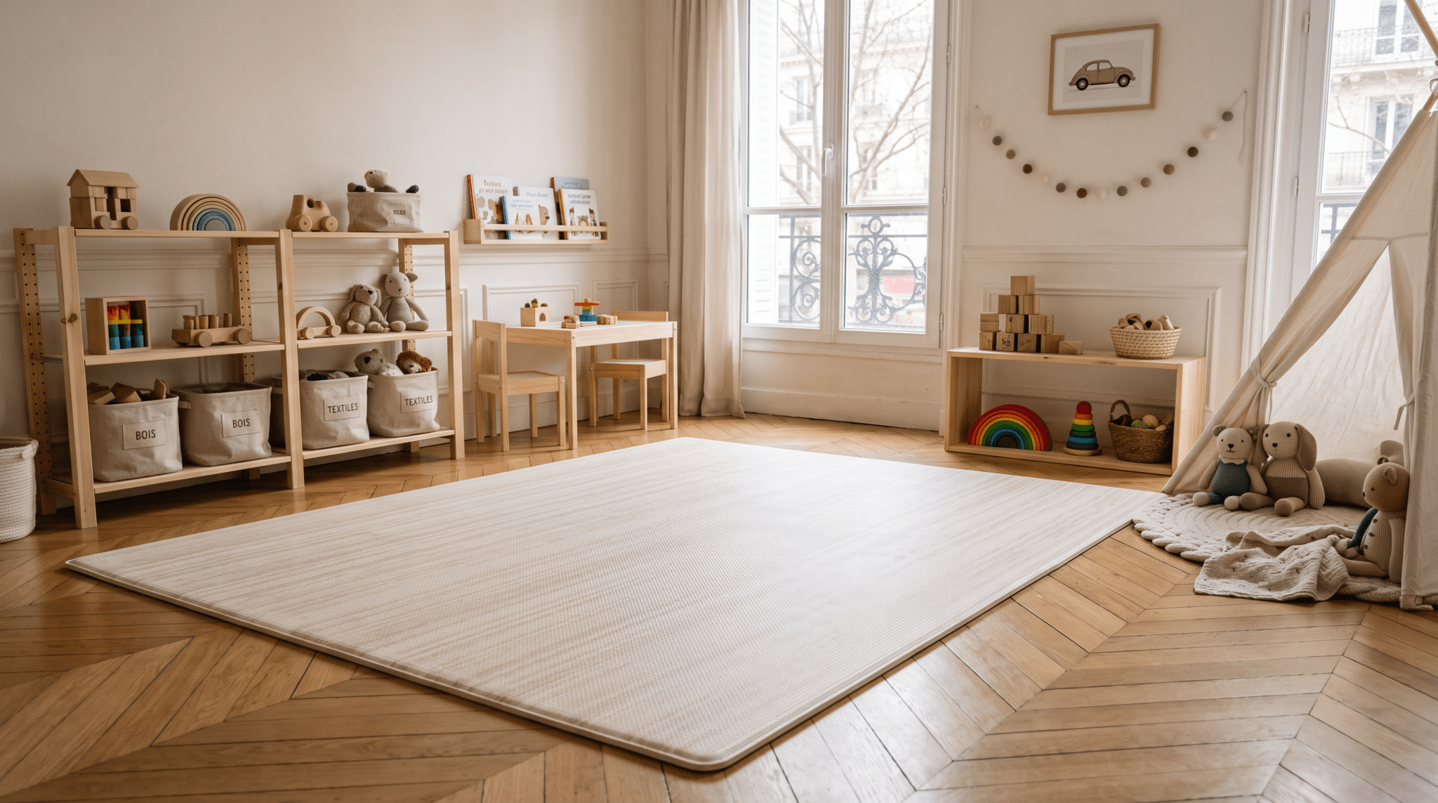 Tapis d'éveil réversible utilisé dans une pièce de vie épurée - Treelys®