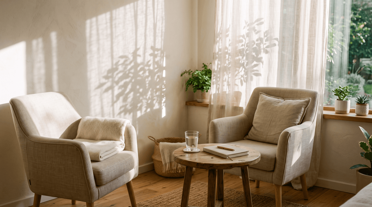 Entretien prénatal précoce : deux fauteuils et une table dans un cabinet de sage-femme baigné de lumière – Treelys®