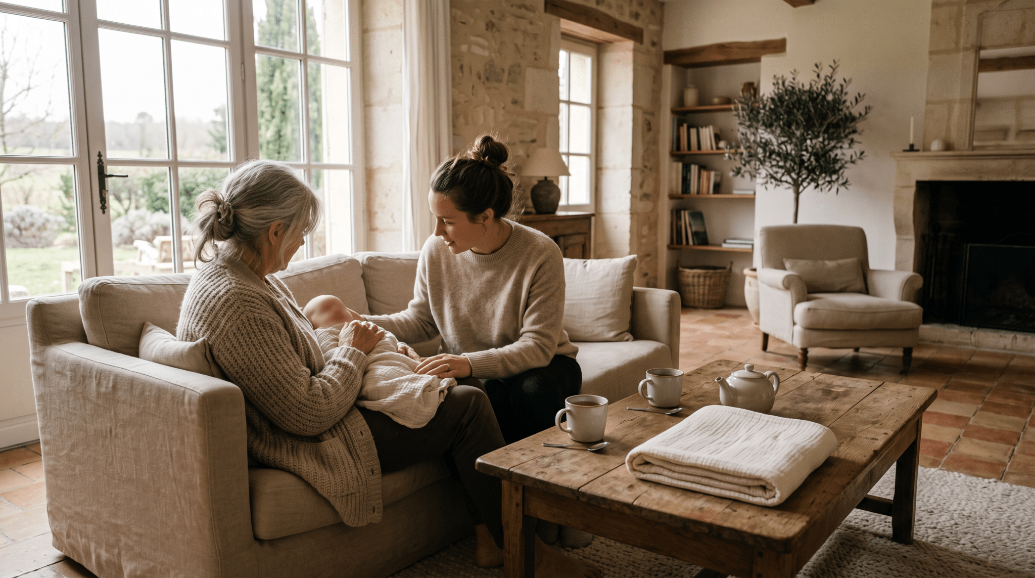 Moment de partage familial chaleureux entre générations autour du bébé - Treelys®