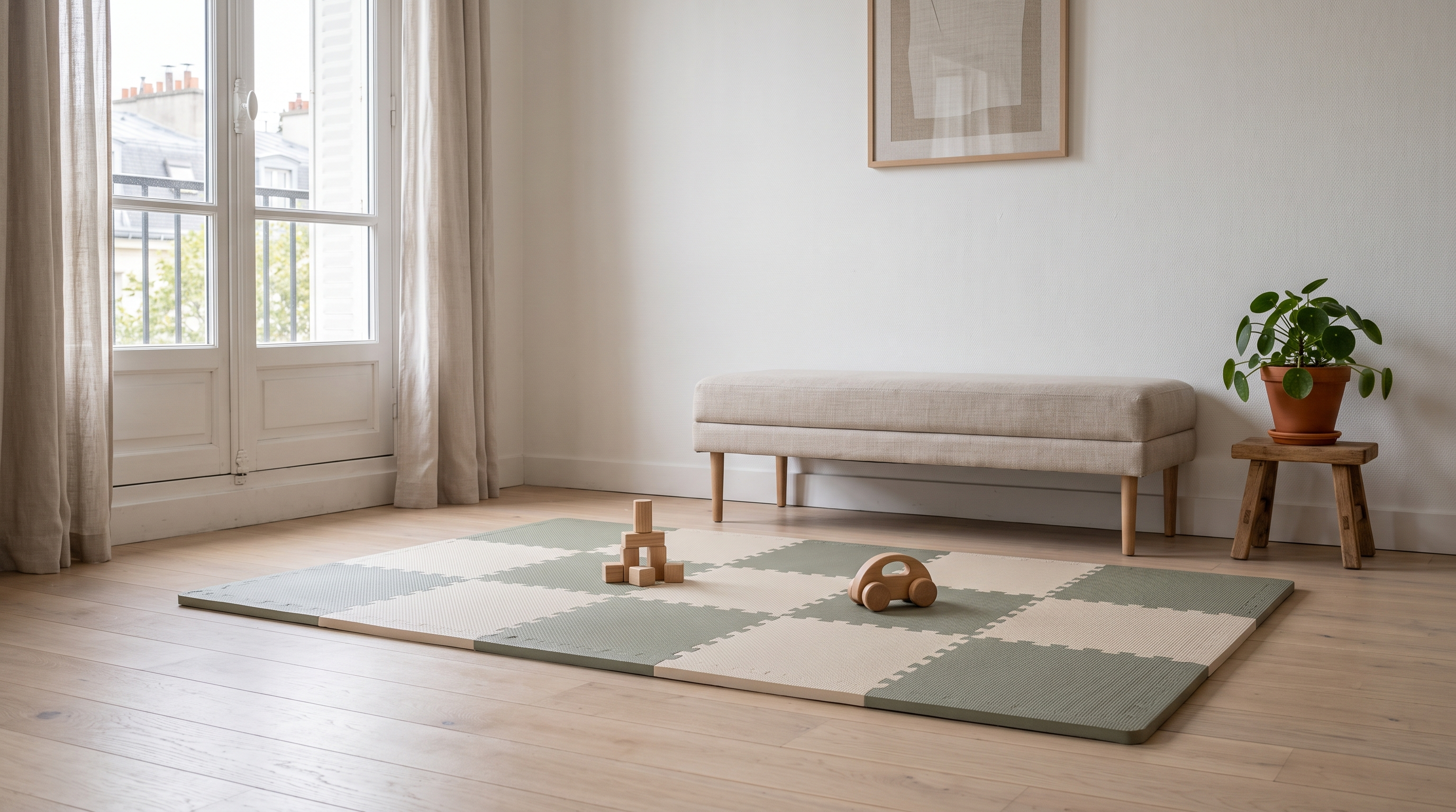 Espace au sol avec tapis d'éveil en mousse préparé pour un bébé à quatre pattes — Treelys®
