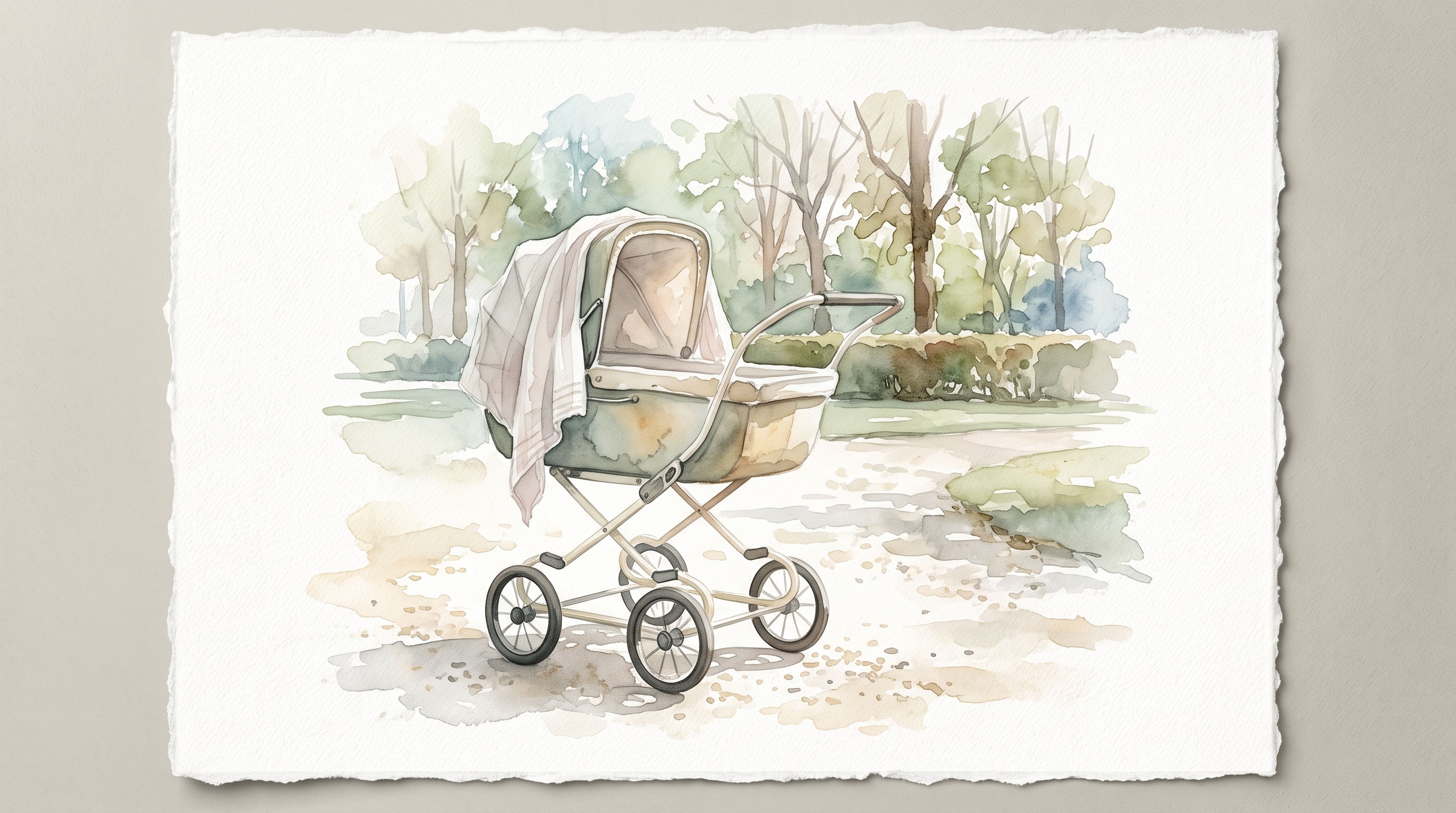 Aquarelle d'un landau à l'ombre dans un parc, pour sortir avec un nouveau-né — Treelys®