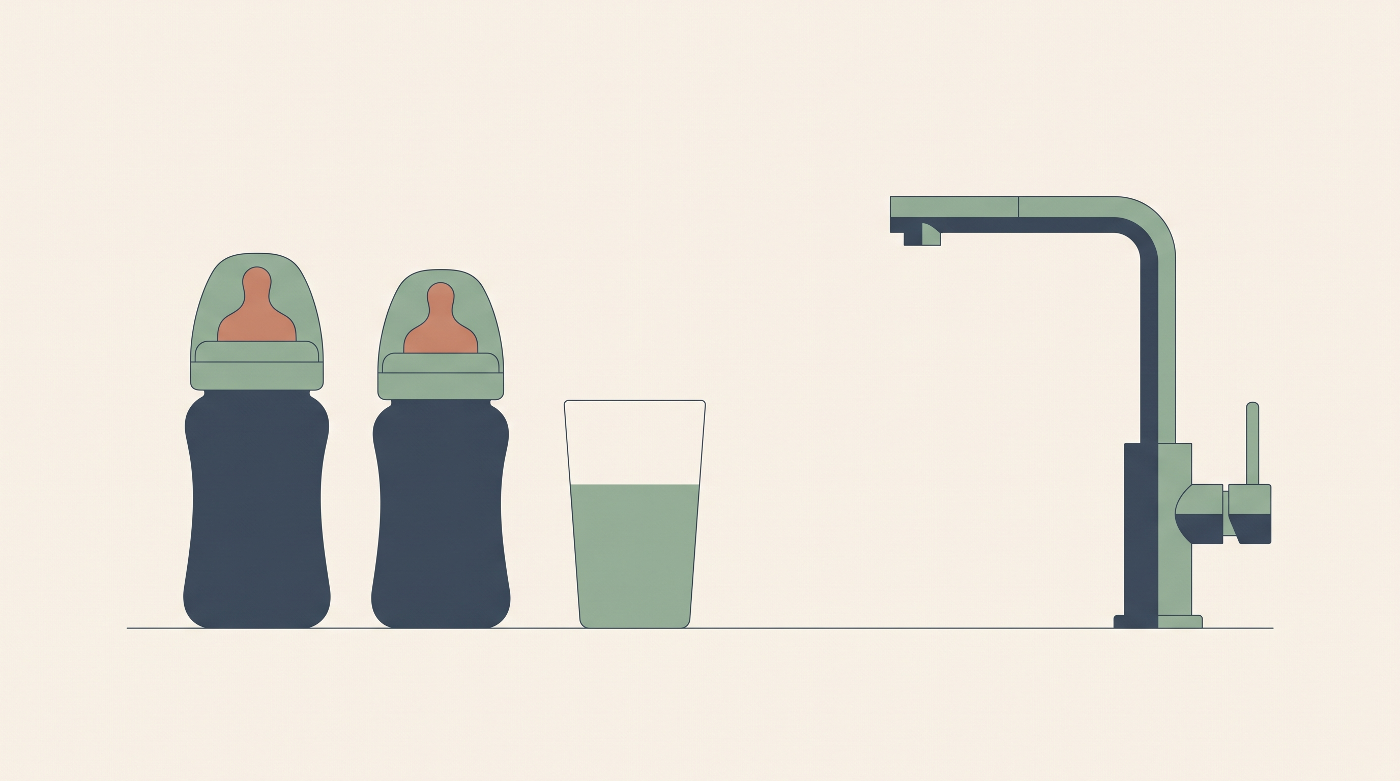 Illustration plate d'un biberon, d'un verre et d'un robinet : quelle eau pour le biberon — Treelys®