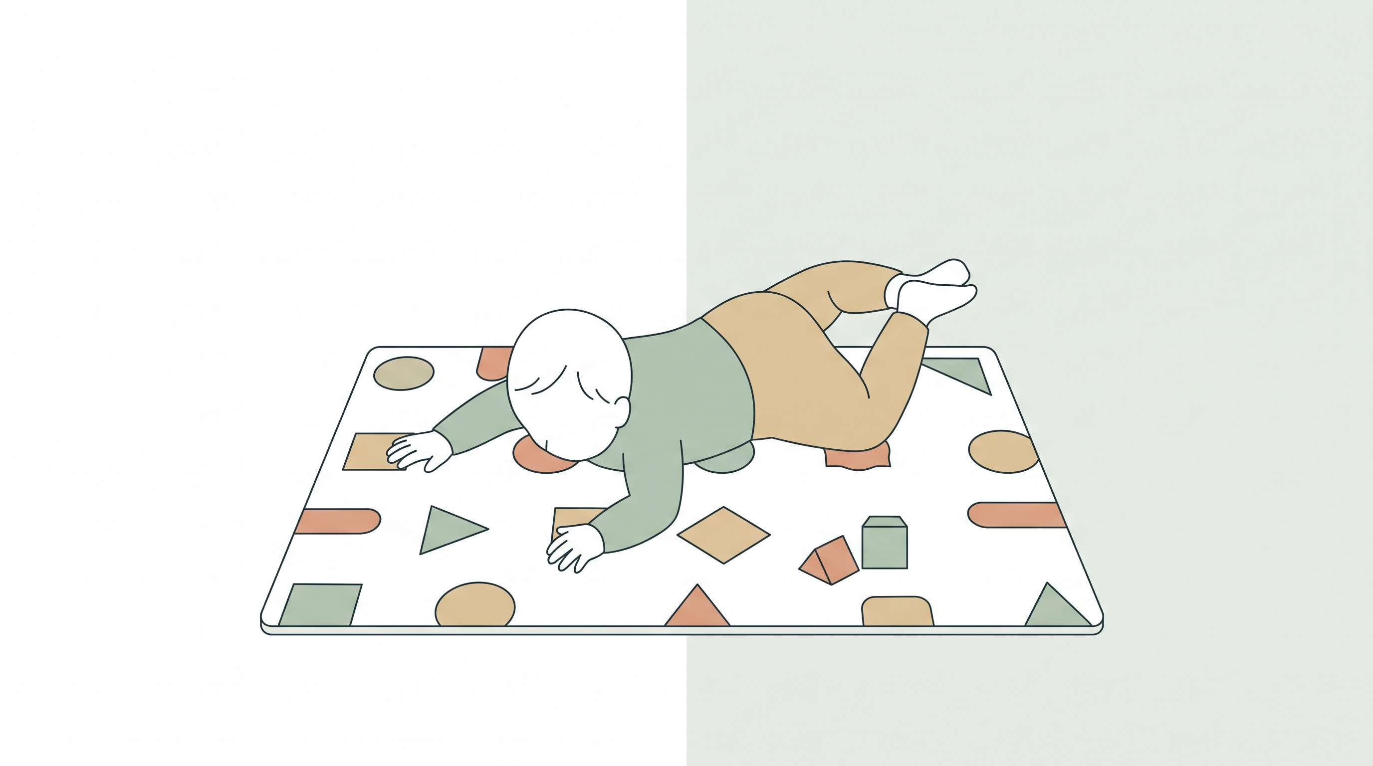 Bébé se retourne du dos au ventre sur un tapis d'éveil, illustration ligne claire — Treelys®