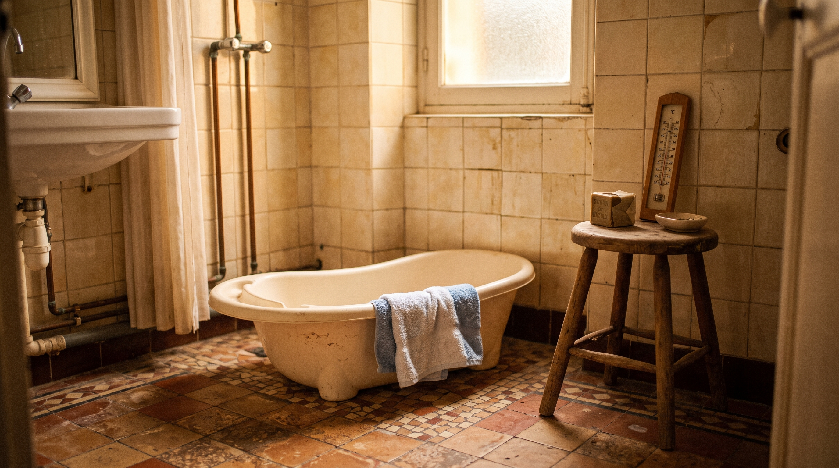 Salle de bain calme préparée pour un bébé qui n'aime pas le bain, photographie argentique — Treelys®