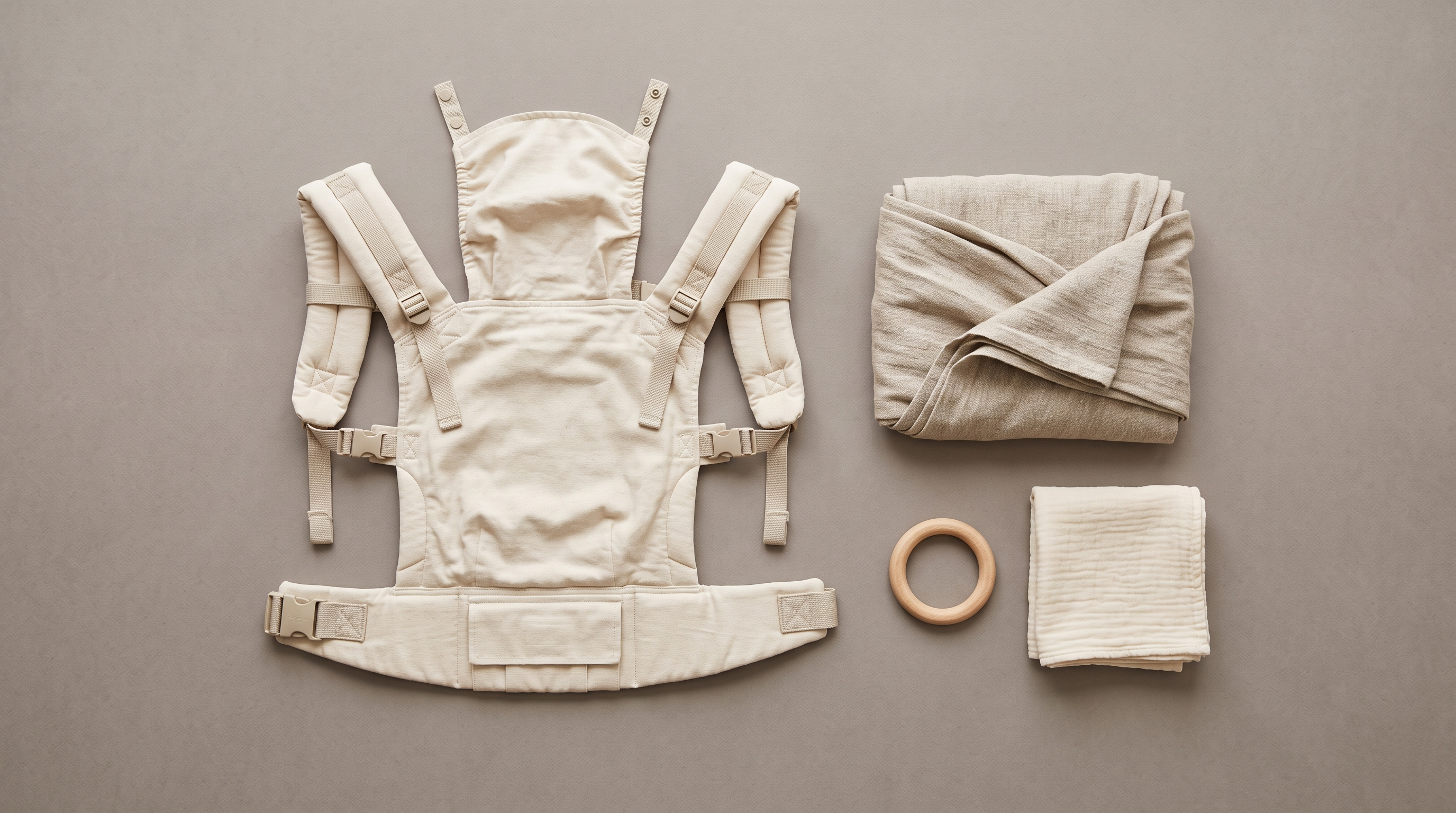 Porte-bébé physiologique et écharpe de portage disposés à plat sur fond papier mat — Treelys®