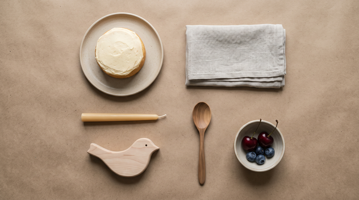 Table vue du dessus avec gâteau et bougie — premier anniversaire bébé, Treelys®