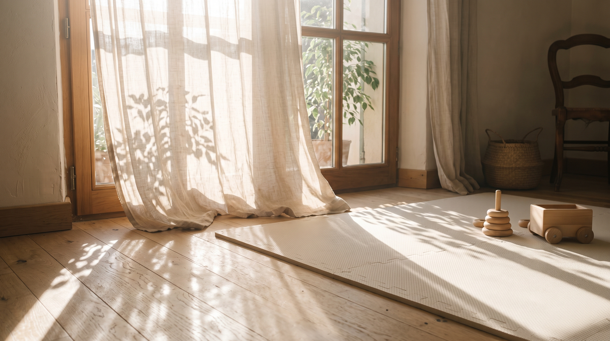 Ombres de rideau sur un tapis d'éveil, à l'âge où bébé comprend le non — Treelys®