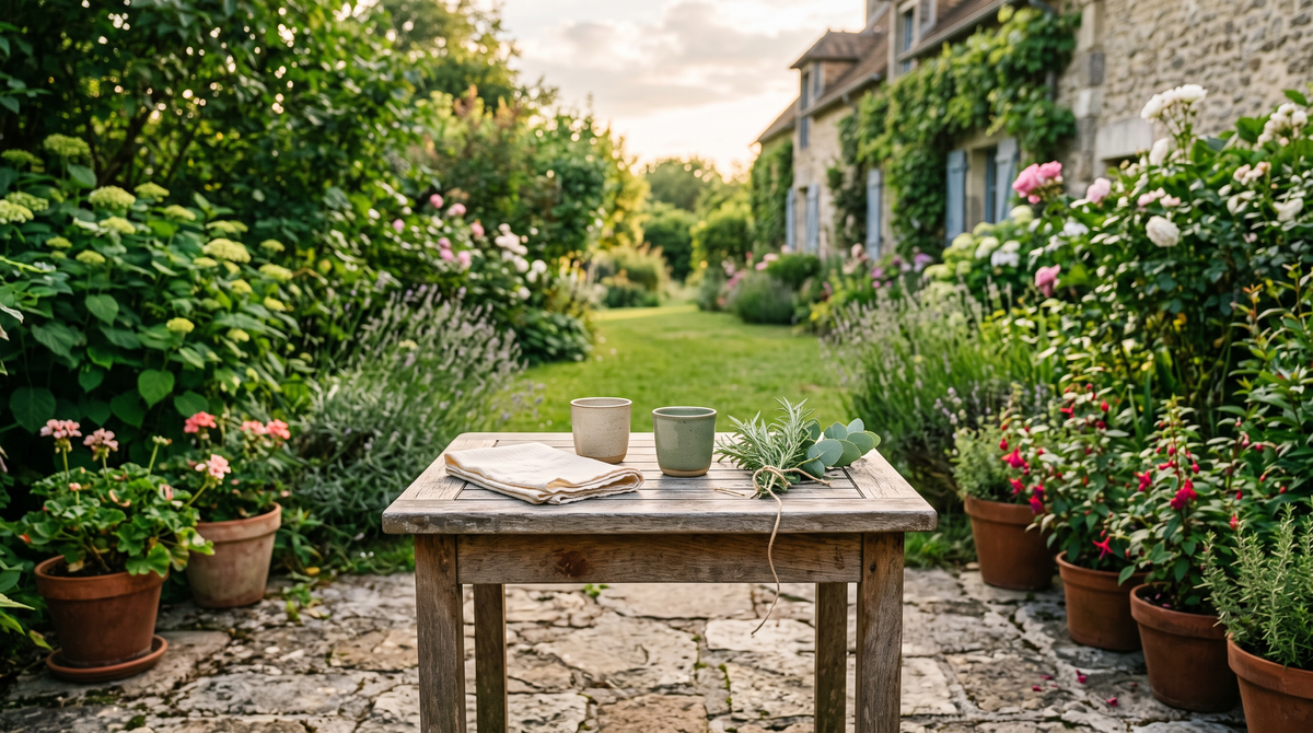 Table de jardin avec deux tasses, pour organiser les visites après la naissance — Treelys®