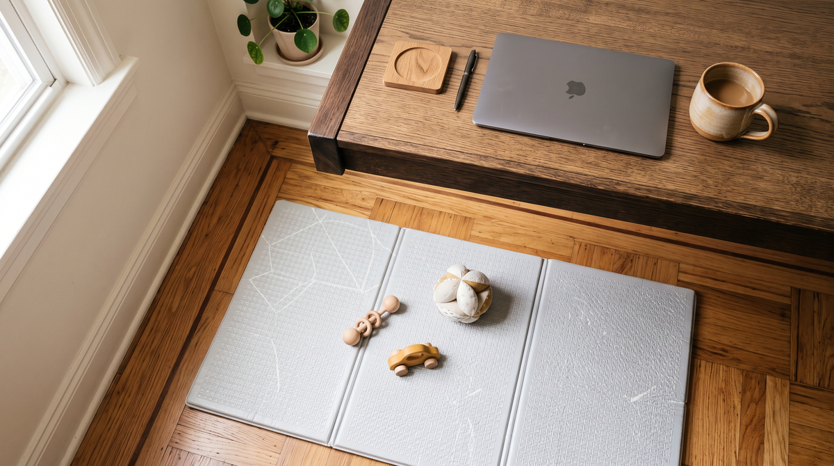 Vue en plongée sur un coin bureau avec un tapis d'éveil au sol, télétravail avec un bébé - Treelys®