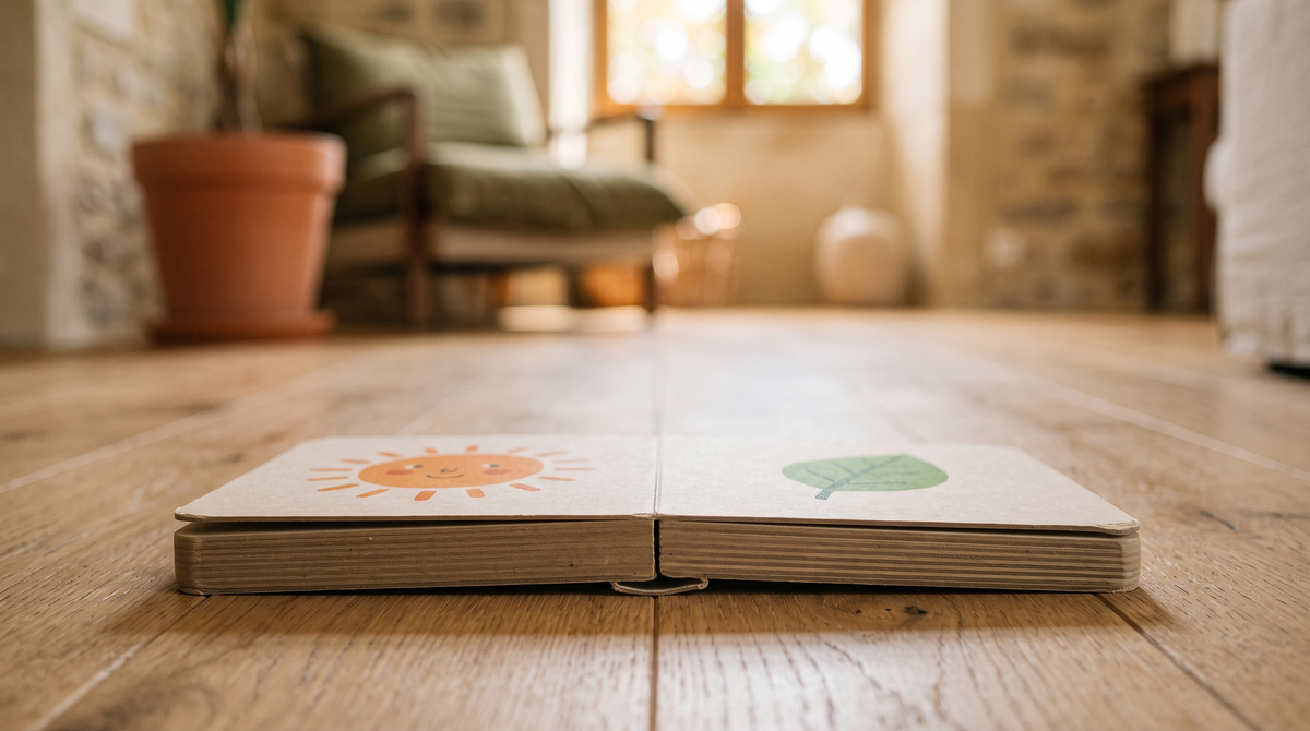 Livre cartonné ouvert sur un parquet, pages épaisses au premier plan : lire un livre à bébé dès les premiers mois - Treelys®