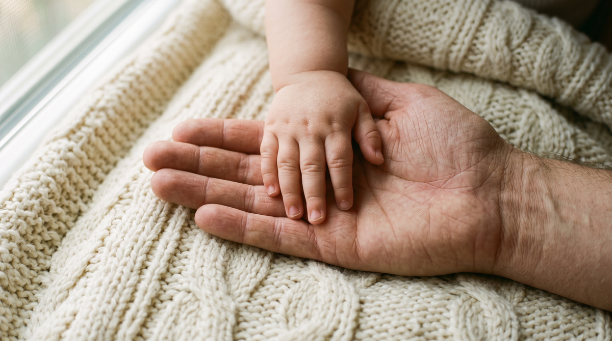 Analogfoto: kleine Kinderhand in einer Erwachsenenhand, Baby gibt Küsschen – Treelys®