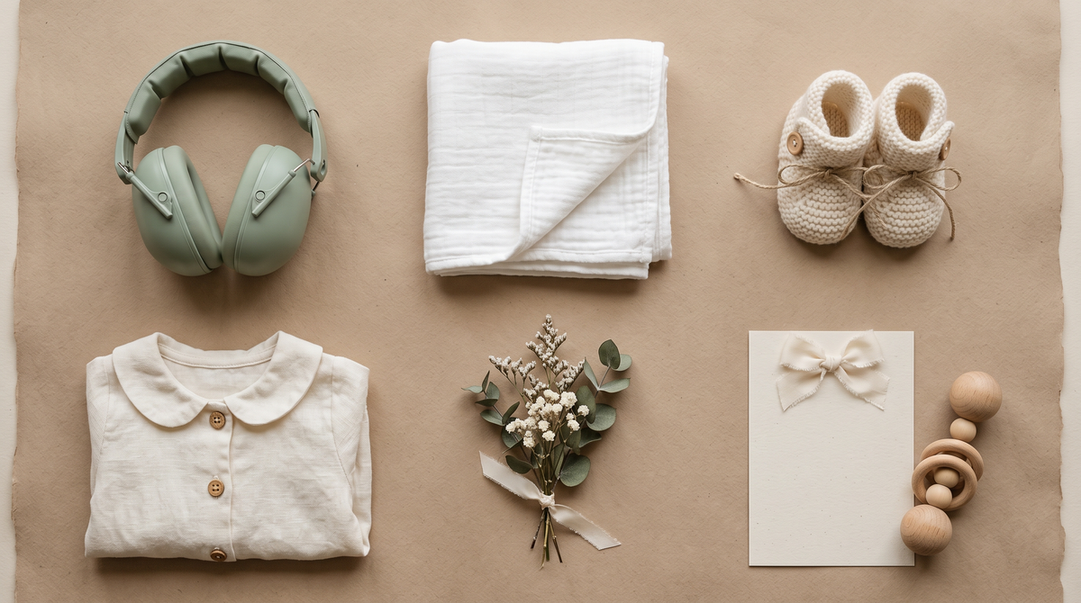 Flat lay d'un casque antibruit enfant, de chaussons et d'un lange sur papier beige, bébé au mariage – Treelys®