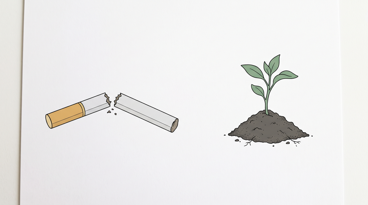 Illustration im Ligne-claire-Stil: zerbrochene Zigarette und junger Trieb, Rauchen und Schwangerschaft – Treelys®