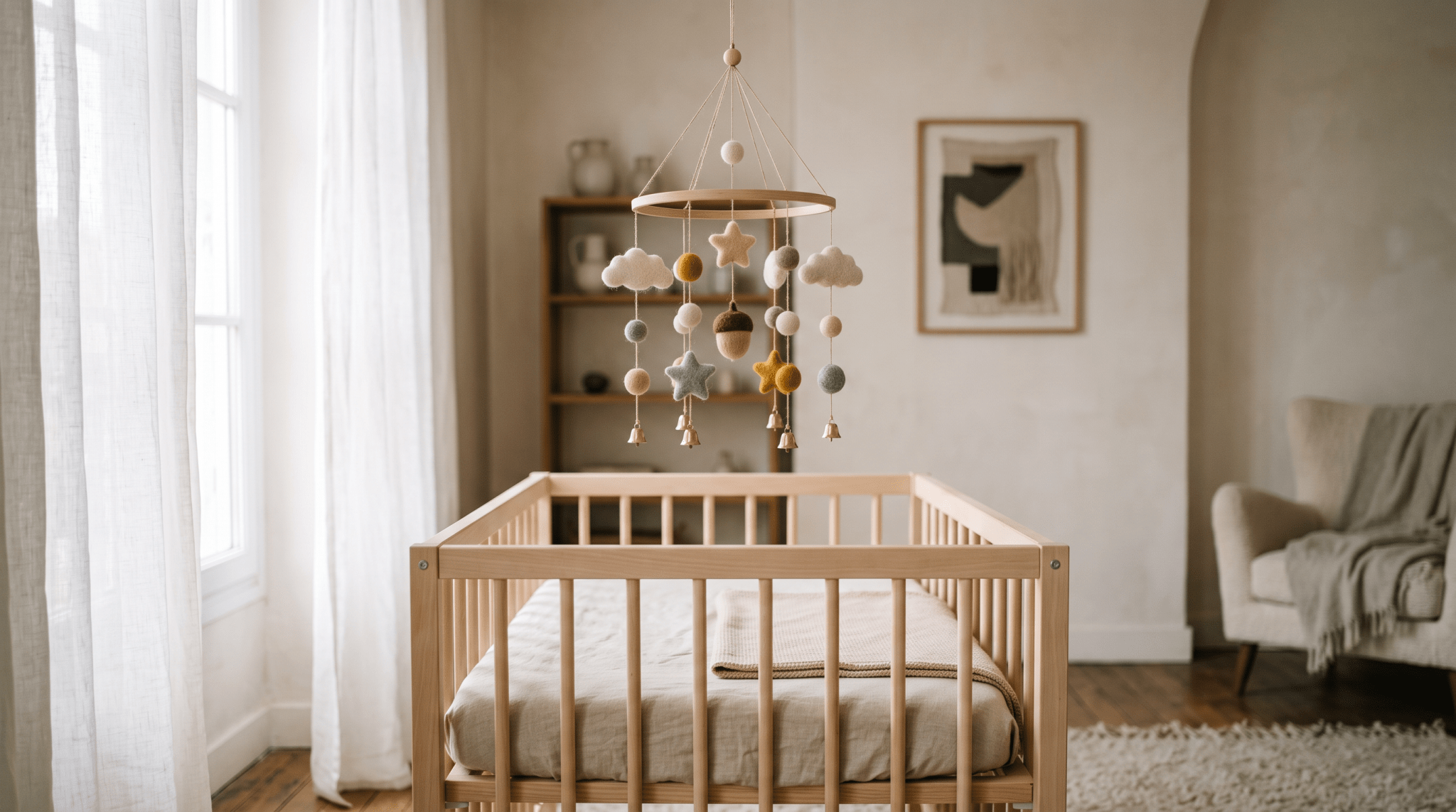 Mobile en bois clair avec clochettes suspendu au-dessus d'un lit à barreaux, illustration Treelys® sur le développement auditif du bébé