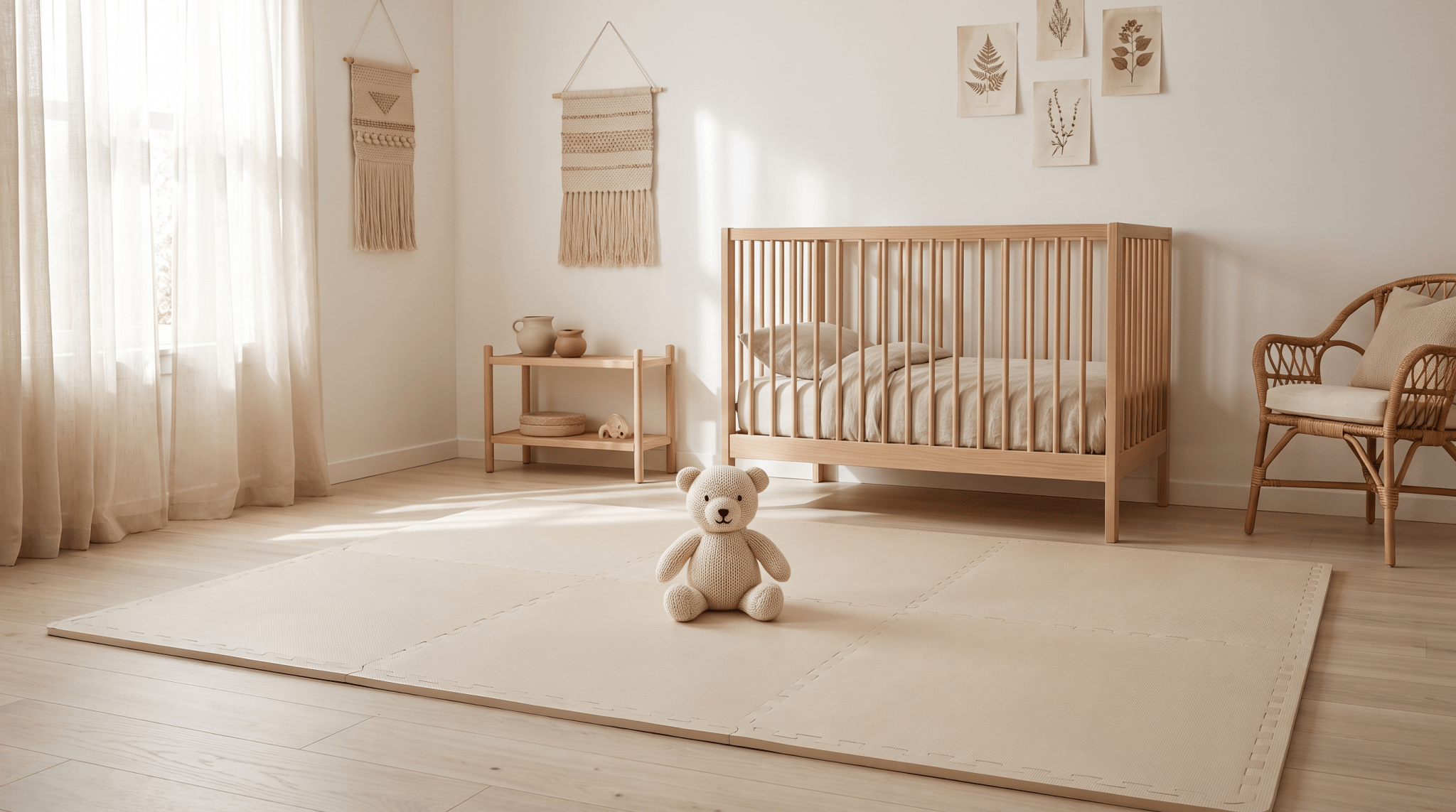 Doudou posé sur un tapis d'éveil dans une chambre de bébé épurée - Treelys®