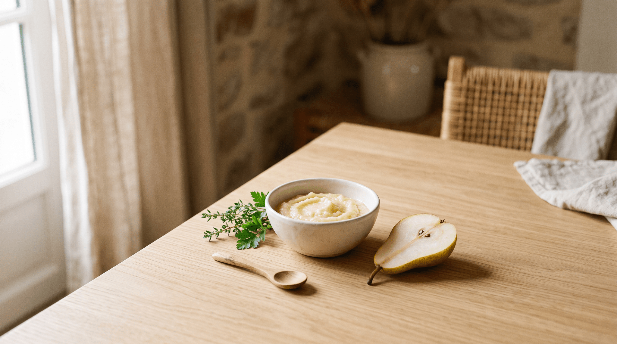Bol en céramique, petite cuillère en bois et herbes fraîches sur une table en chêne, illustration Treelys® sur le goût et l'odorat du bébé