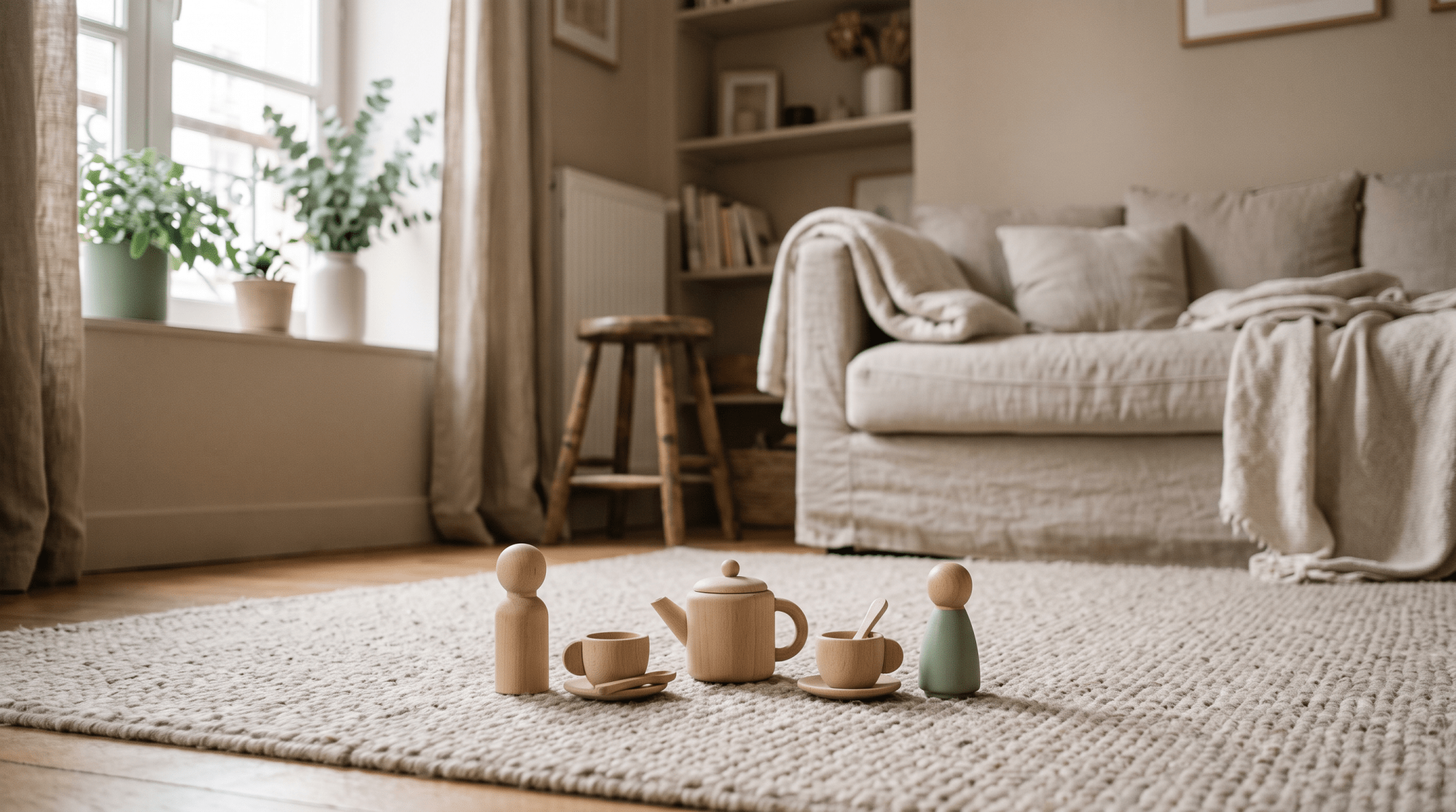Dinette en bois et figurines disposées sur un tapis neutre, illustration Treelys® sur le jeu symbolique de l'enfant