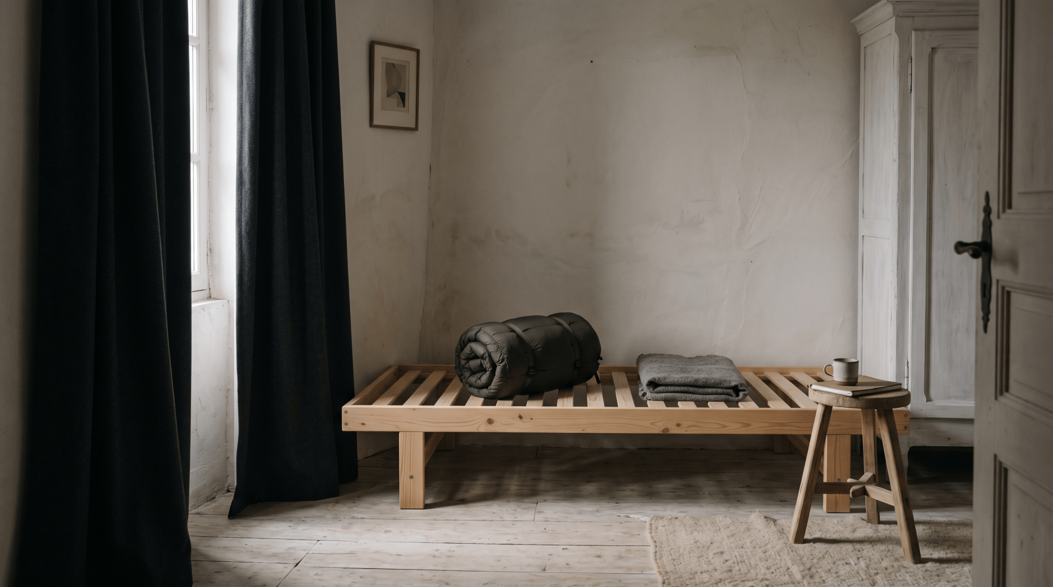 Chambre calme en lumière tamisée avec gigoteuse pliée sur un lit à barreaux, illustration Treelys® sur les siestes de bébé
