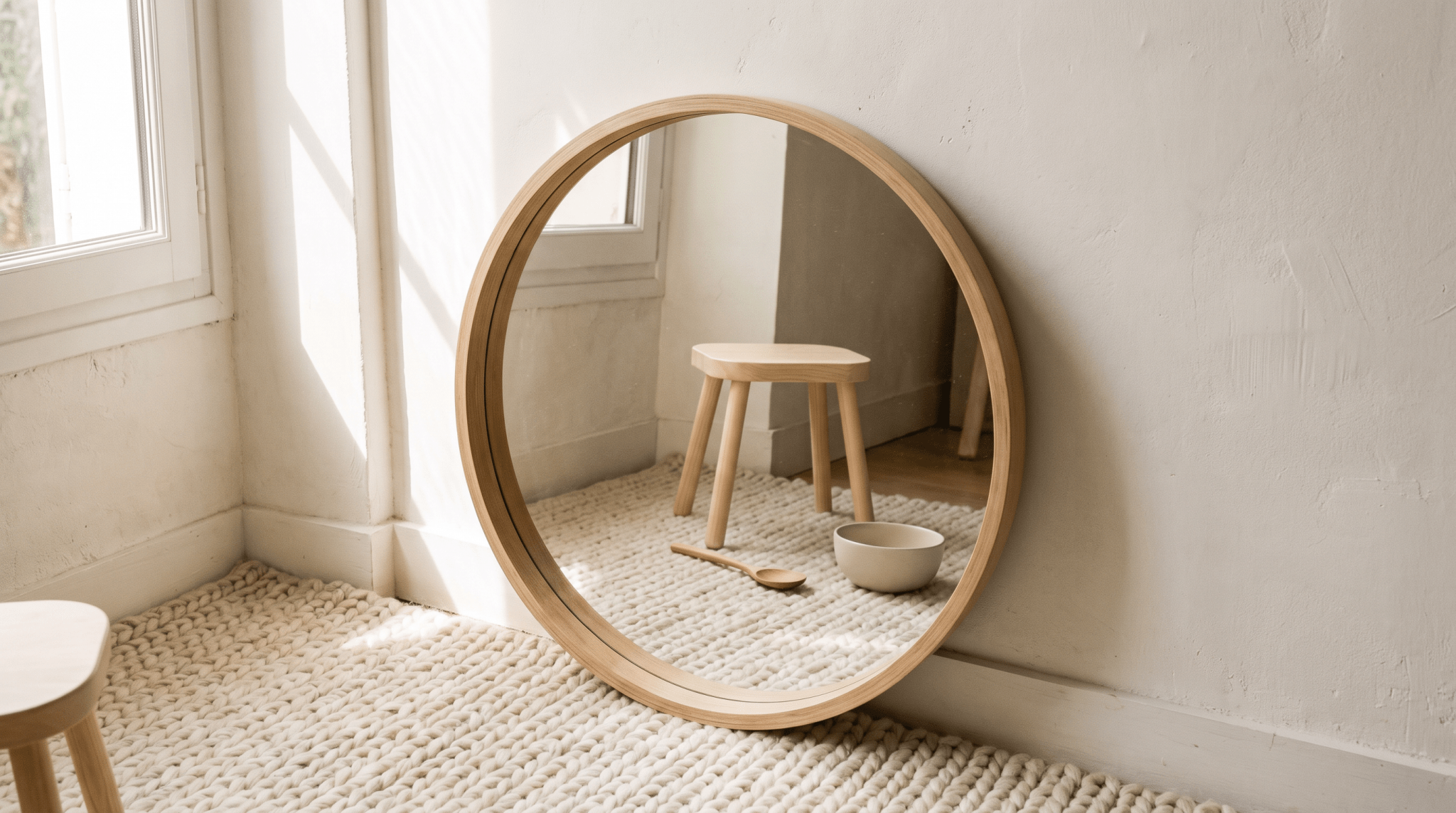 Coin jeu avec miroir bas, tabouret en bois et tapis en laine, univers Treelys®