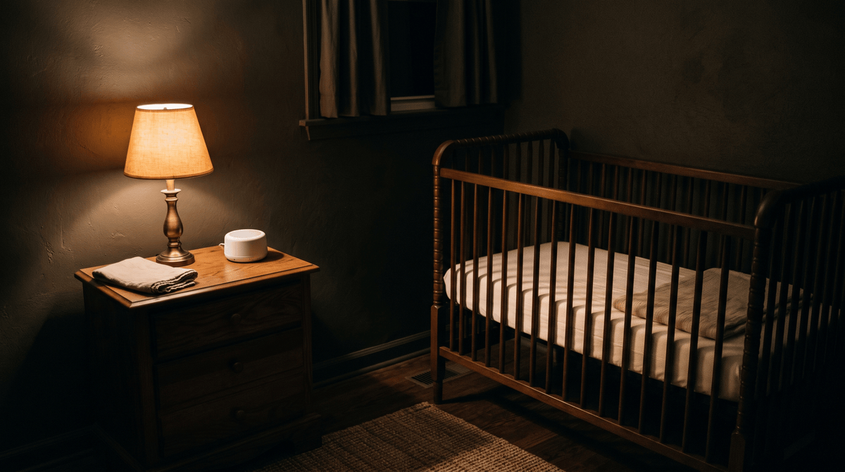 Machine à bruit blanc bébé posée loin du lit dans une chambre éclairée par une lampe chaude – Treelys®