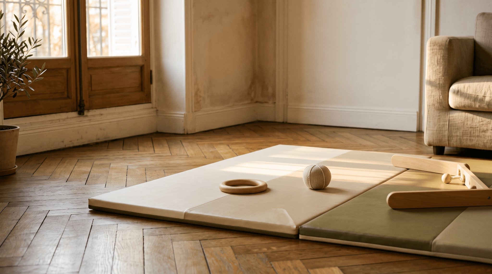 Motricité libre : espace de sol dégagé avec tapis ferme et objets en bois pour bébé — Treelys®