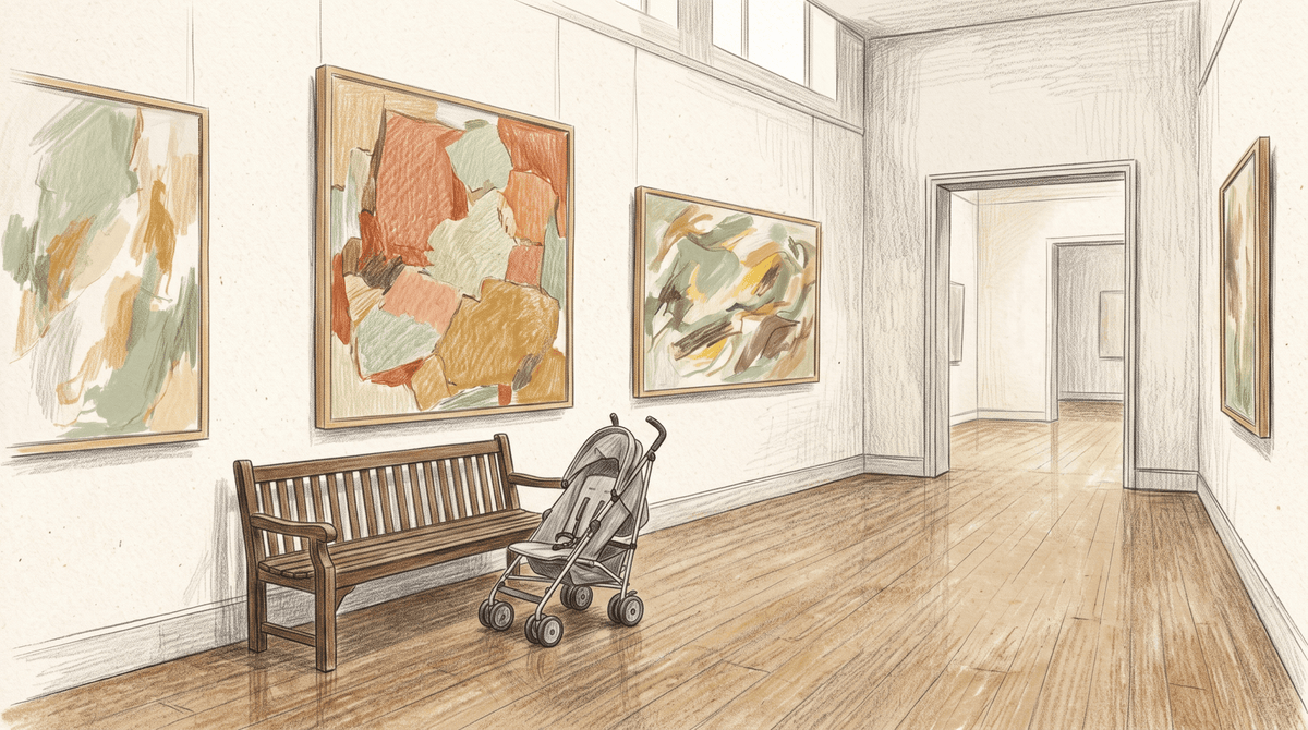 Dessin d'une salle de musée calme avec une poussette vide près d'un banc, sortie au musée avec un bébé – Treelys®