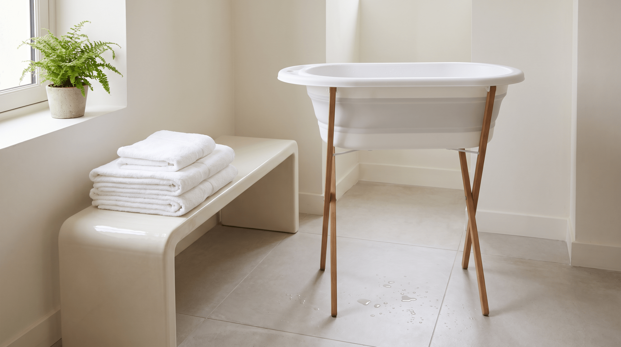 Salle de bain claire avec baignoire bébé pliable et serviettes pliées, univers Treelys®