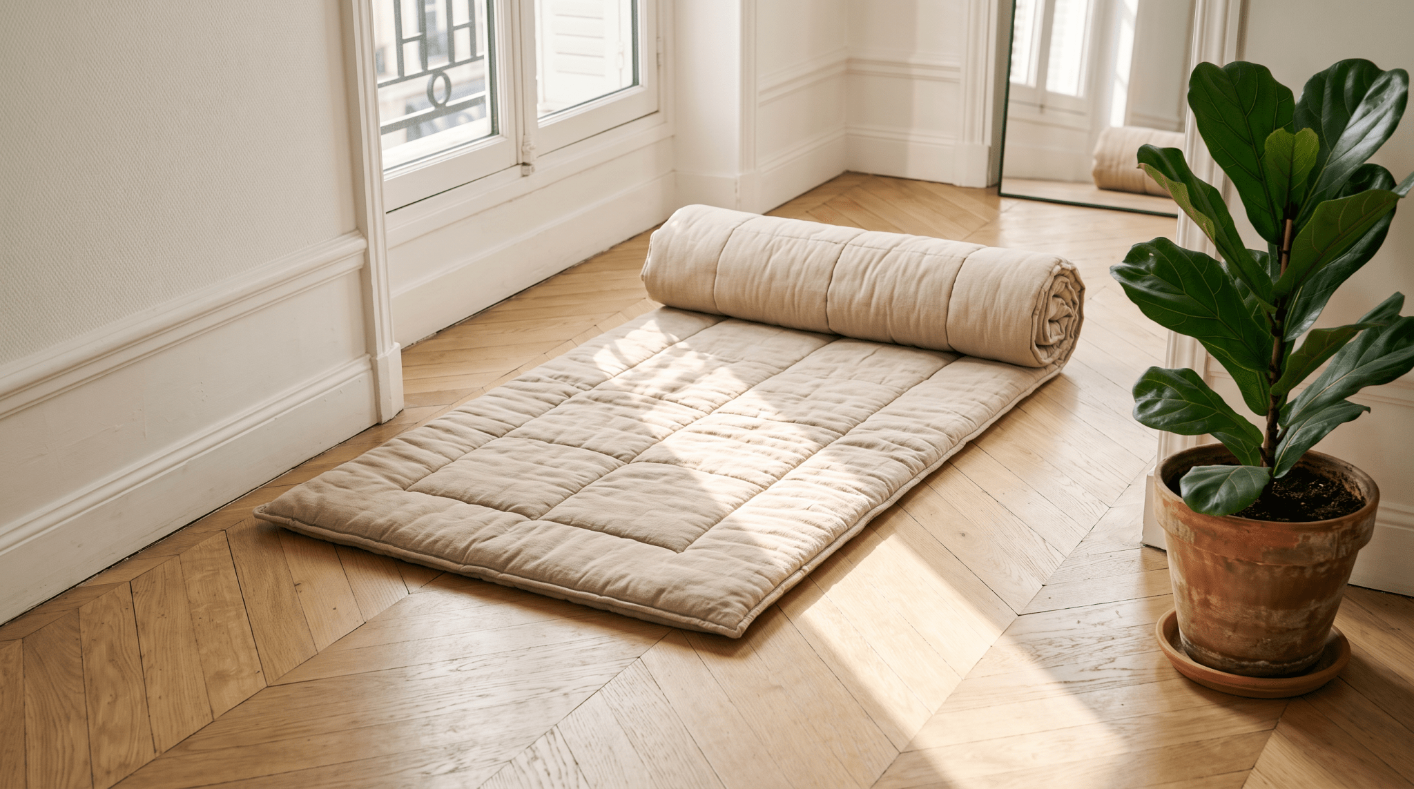 Tapis de jeu neutre déroulé sur un parquet en chêne clair traversé par la lumière, illustration Treelys® sur l'installation d'un tapis d'éveil