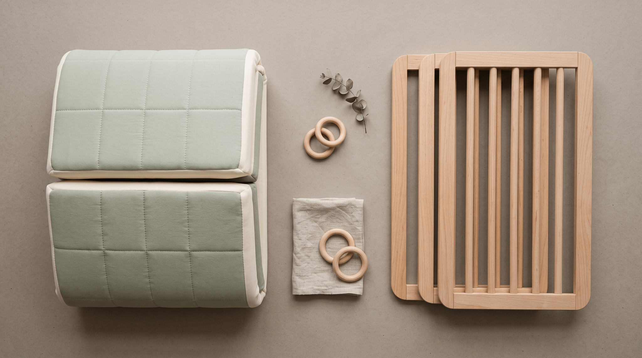 Parc bébé ou tapis d'éveil : panneaux de parc en bois et tapis d'éveil pliable en mousse disposés à plat vus du dessus — Treelys®