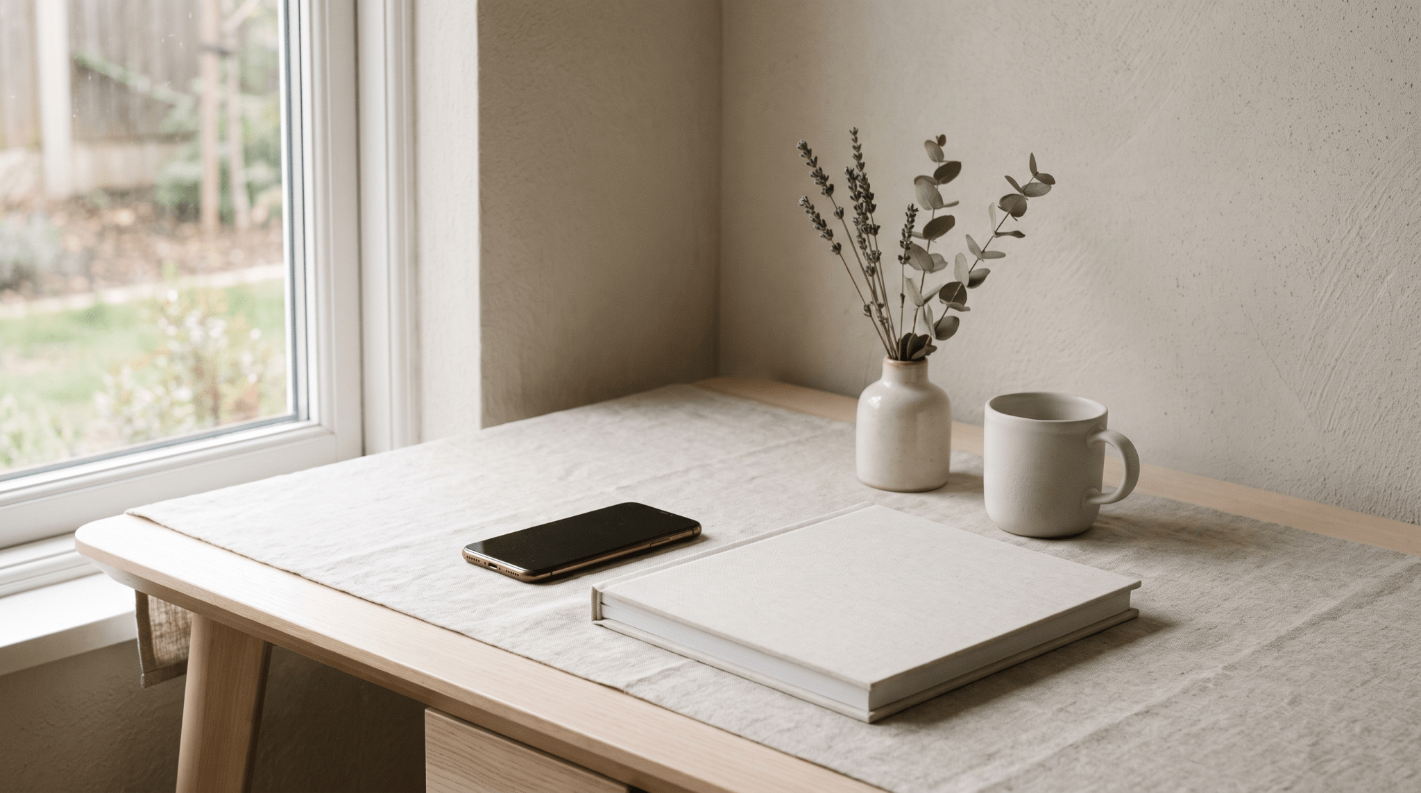 Smartphone posé face contre table à côté d'un album photo relié, lumière douce, univers Treelys®