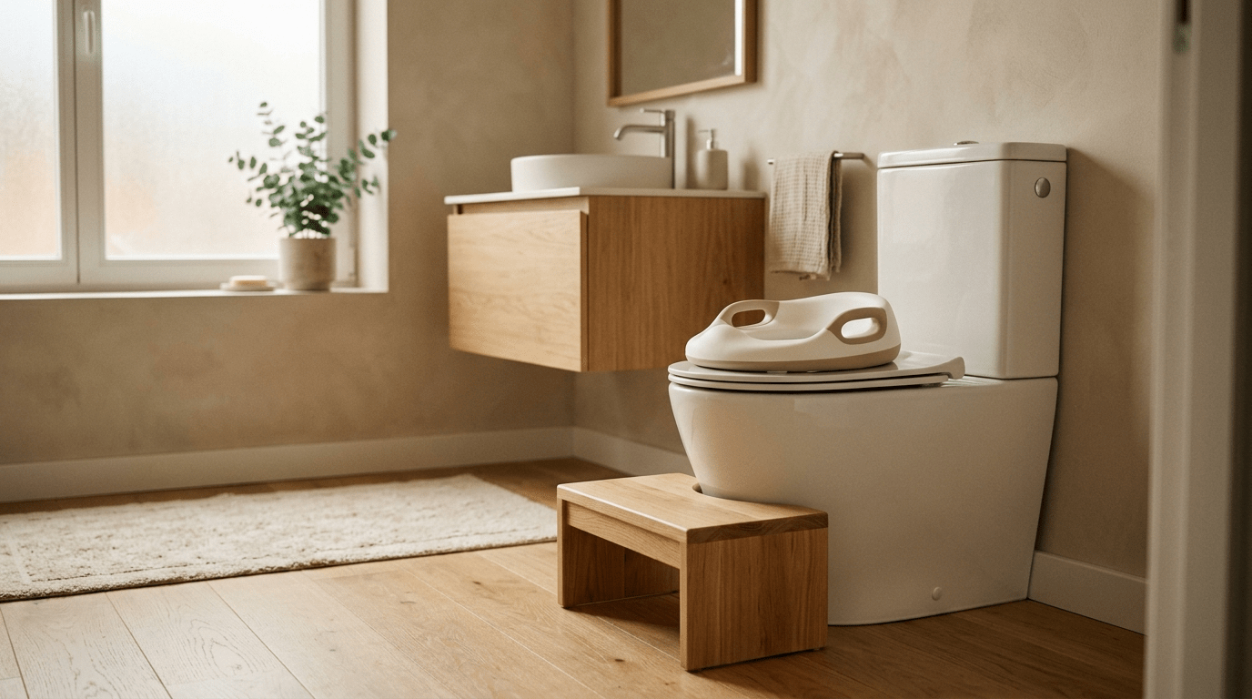 Marchepied en bois et réducteur de toilette pour l'apprentissage de la propreté, univers salle de bain épurée Treelys®