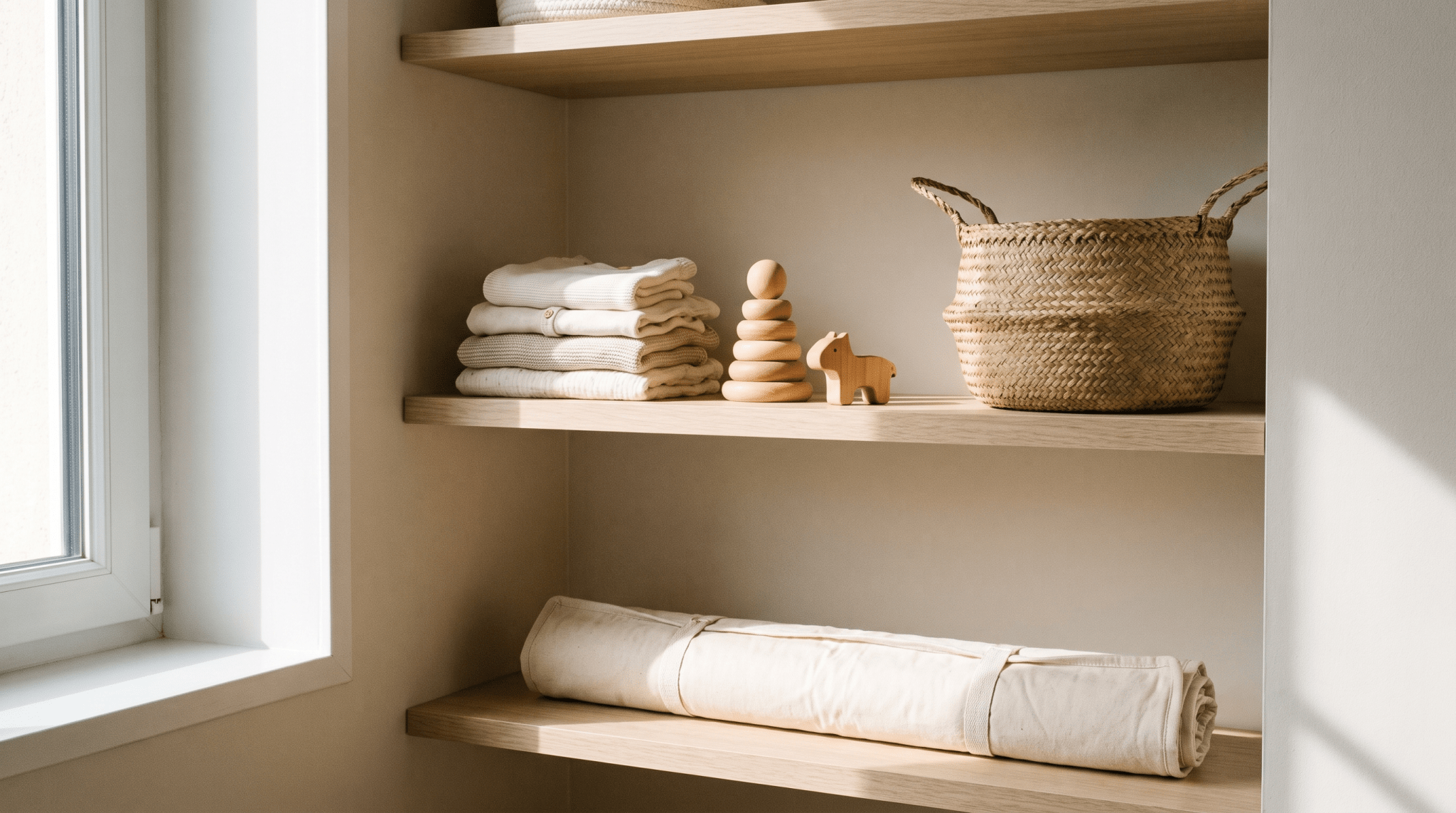 Étagère en bois clair avec vêtements pliés, jouets en bois et panier tressé, univers Treelys®