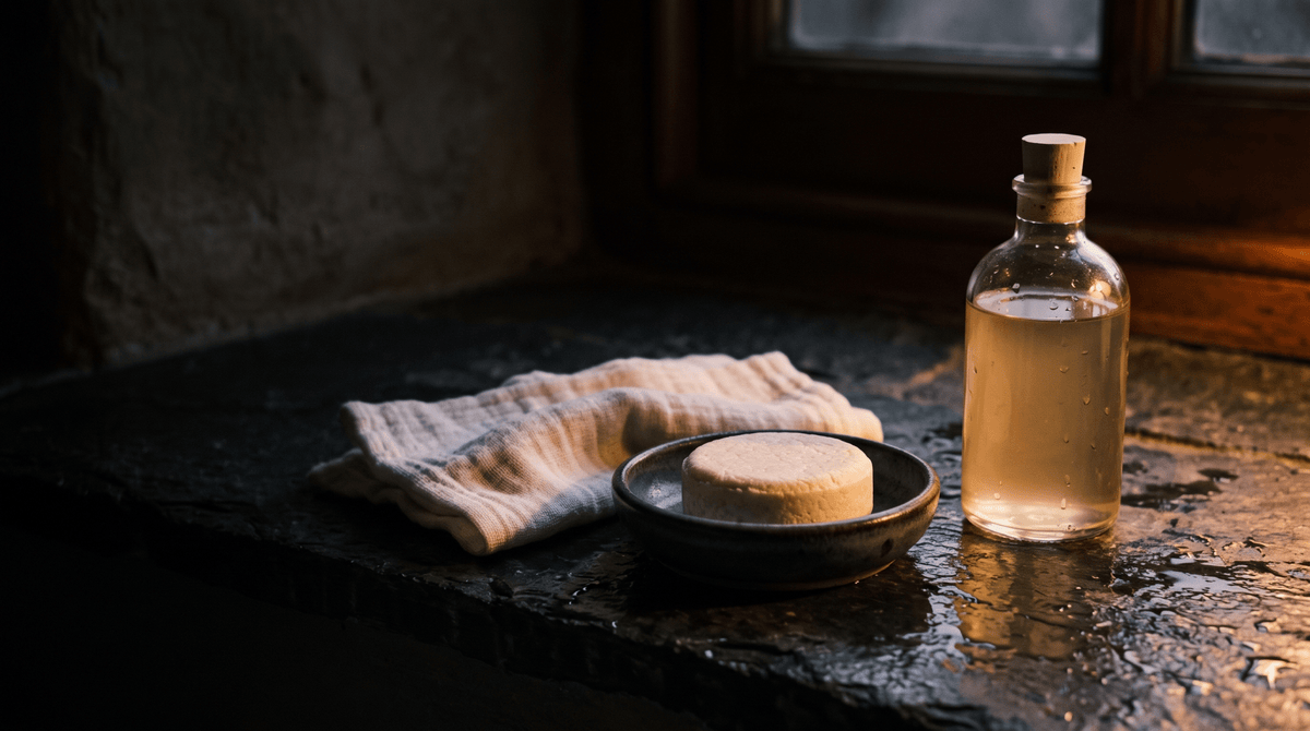Quel savon pour bébé : produit lavant et gant posés au bord d'une baignoire, lumière chaude du soir, Treelys®