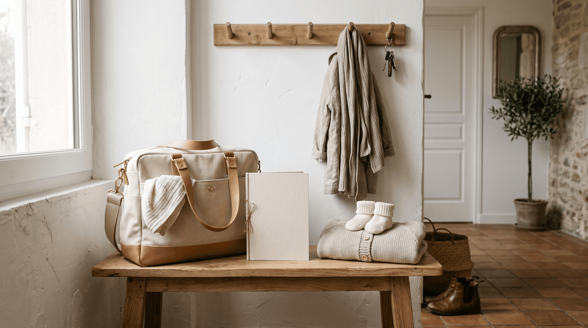 Sac à langer, carnet de santé et gilet de bébé prêts sur un banc en chêne avant un rendez-vous PMI bébé, Treelys®